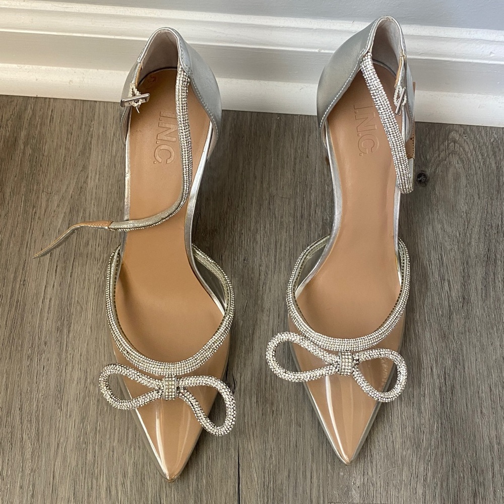 INC International Concepts Metallic Silver Heels with Bow Accent